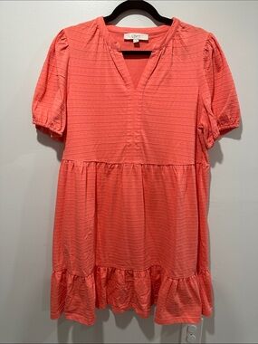 LOFT Coral-Orange Textured V-Neck Tiered Dress